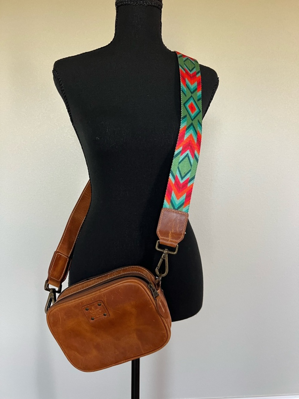Leather Crossbody Bag with Colorful Aztec Strap - Brown